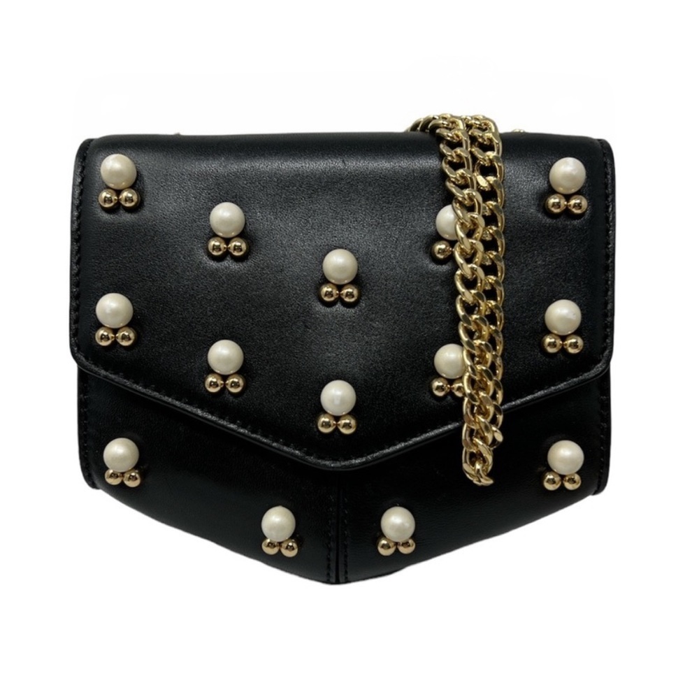 SANDRO Lou PM Black Leather Pearl Embellished Mini Leather Chain Bag